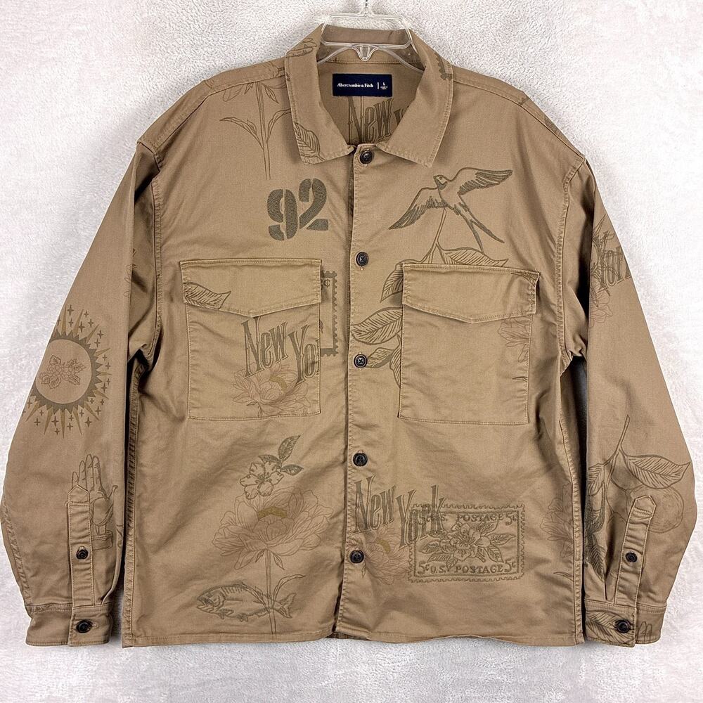 Abercrombie & Fitch Shirt Jacket Men L Brown Embroidered NYC AOP Twill Overshirt